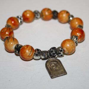Beautiful orange and silver Medugorje "Our Lady" beaded charm bracelet 7"